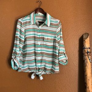 🌻Mine Green & Brown Striped Waist Tie Button Down